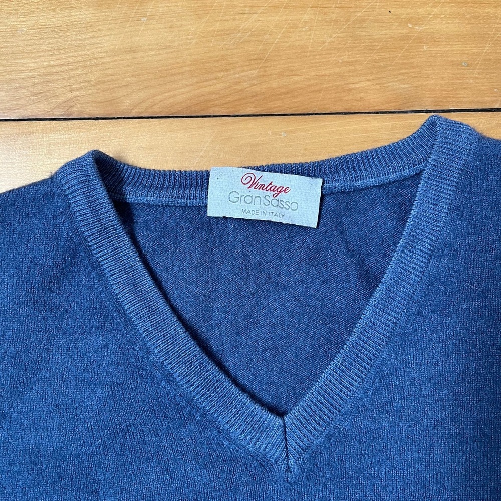 Gran Sasso Vintage Blue 100% Virgin Wool V-Neck Sweater Made in Italy Mens XL